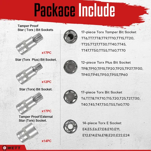 Miniatura 3 de WETT Master Torx Bit Socket y Juego de Enchufe Torx Externo, Juego de 60 Piezas de 1/4", 3/8", 1/2" de Unidades de Enchufes de Broca E-Torx
