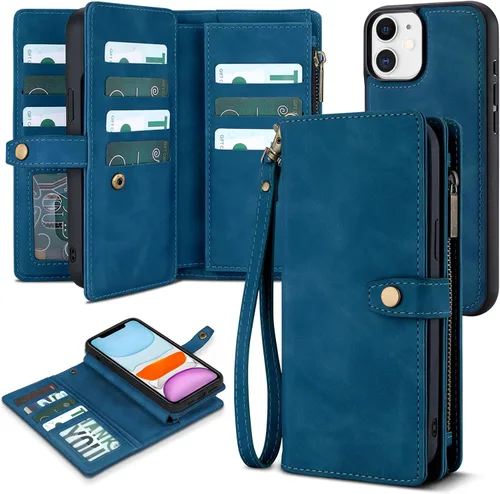 Miniatura 11 de TwoHead Funda tipo cartera para iPhone 11 con tarjetero y funda magnética desmontable para teléfono, funda de piel sintética para mujeres/hombres