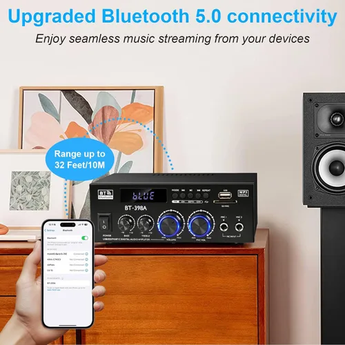 Miniatura 4 de Romica Amplificador de audio estéreo, 2 canales 450W+450W Bluetooth 5.0 amplificador de potencia de cine en casa con radio FM, USB, SD, entradas