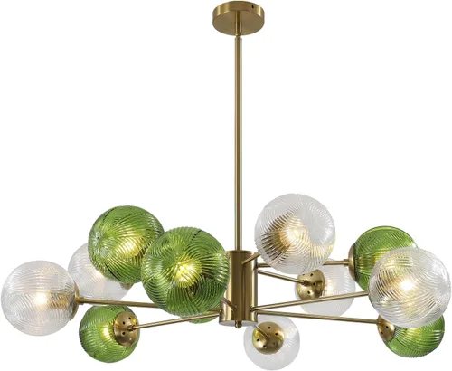 Miniatura 11 de KCO Lámpara colgante de techo de cristal verde de 6 luces con forma de globo moderno semiempotrado, lámpara de techo vintage de latón dorado Sputnik