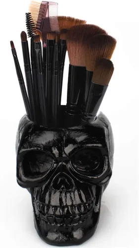 Mikayoo Soporte para bolígrafo de calavera – Soporte para brochas de maquillaje y caja de almacenamiento para escritorio de oficina o tocador, Negro