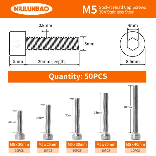Miniatura 2 de Tornillos de cabeza hexagonal M5 x 0.787 in 0.984 in 1.181 in 1.378 in 1.575 in Tornillos de cabeza hexagonal 304 de acero inoxidable Allen máquina