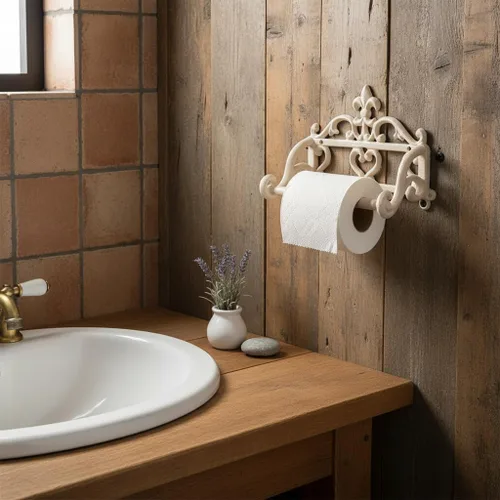 Miniatura 5 de Comfy Hour Soporte decorativo de papel higiénico de hierro fundido, organizador de rollos de papel victoriano blanco montado en la pared, acento