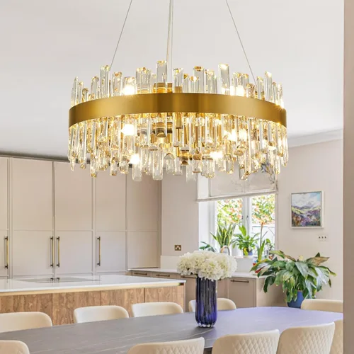 Siljoy Candelabro moderno de cristal de 12 luces de oro cepillado de 2 niveles con forma de gota de lluvia de cristal, ajustable, montaje al ras,