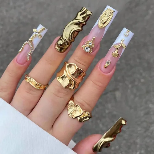 Miniatura 9 de MISUD - Uñas postizas largas cuadradas con pegamento de Rojo Gótico y Negro, diseño cruzado gótico Y2K acrílico, 24 piezas