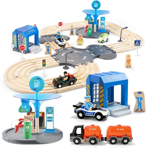Juego de 59 piezas de tren de madera para niños pequeños, tren de juguete con pista para niños de 3 a 6 años, set de juego de lujo de doble pista de
