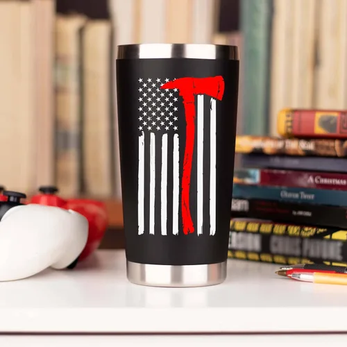 Miniatura 5 de Regalos de bomberos para hombres, vaso de viaje de acero inoxidable con tapa para taza de café, diseño de bandera de línea roja fina para bombero