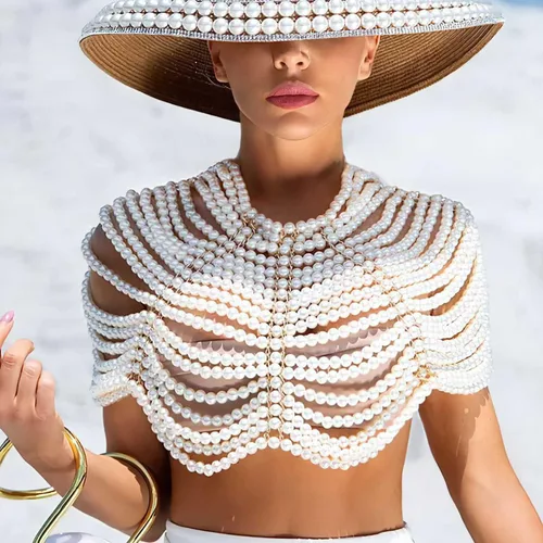Miniatura 3 de Pearl Body Chain Bra Necklace Pearl Shawl Top Chain Jewelry Fashion Shoulder Body Jewelry Accessories for Women