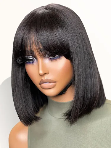 LUVME HAIR - Peluca tipo bob liso Light Yaki de 12 pulgadas con flequillo, cabello humano con encaje HD realista, peluca negra, corta con corte