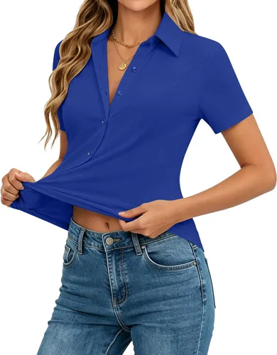Miniatura 8 de siliteelon Camisas de manga corta con botones para mujer, camisas de vestir elásticas en 4 direcciones, blusa de trabajo ajustada