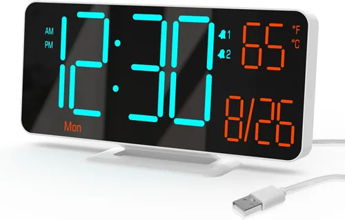 Miniatura 10 de KOSUMOSU Relojes despertadores para dormitorios, 6.7 pulgadas, pequeño reloj digital negro, LED, reloj despertador de escritorio con atenuación