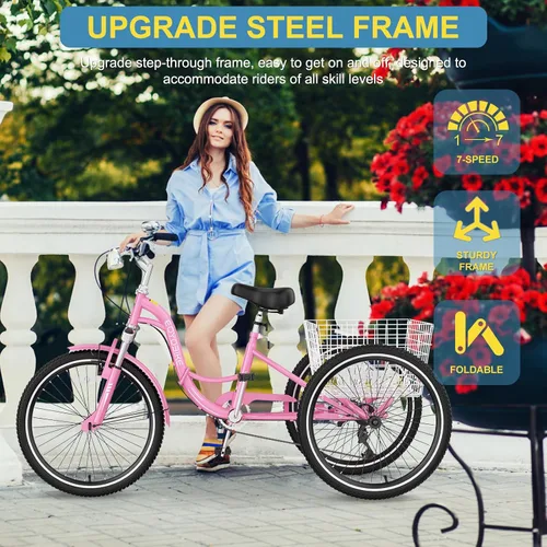 Miniatura 2 de NAIZEA Triciclo plegable para adultos, 7 velocidades, 20/24/26 pulgadas, triciclo plegable para adultos, bicicleta de 3 ruedas, triciclo plegable
