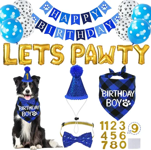 Miniatura 8 de STMK Decoraciones de cumpleaños para perros, sombrero de cumpleaños de perro de varios tamaños con números, bandana, corbatín, bandera, bandera