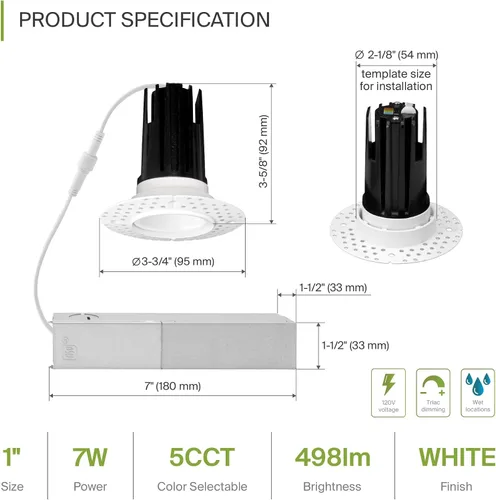 Miniatura 2 de ASD Luces LED empotrables sin moldura de 1 pulgada, 7W 120V Triac redondas para uso comercial, iluminación regulable sin lata para techo con caja