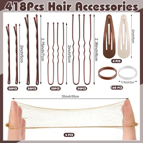 Miniatura 2 de Kit de 368 piezas de accesorios para el cabello de baile, pasadores de pelo marrones para mujeres, bandas de goma, pinzas para el cabello, redes