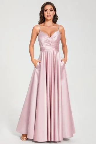 Miniatura 5 de TIRAS Vestidos de fiesta con cuello en V para mujer, vestido largo de fiesta de satén fruncido, vestido de noche con bolsillos CM139