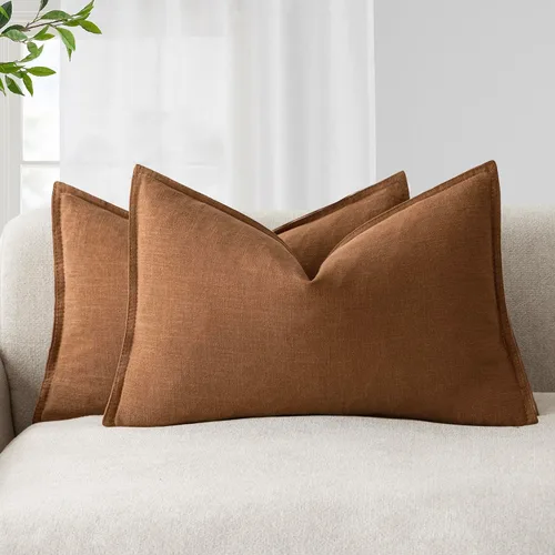 Miniatura 90 de Foindtower Paquete de 2 fundas de almohada decorativas de lino y liso, funda de cojín decorativa suave, estilo bohemio campestre para silla, sofá