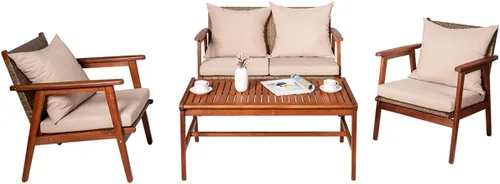 Tangkula juego de 4 sofás de madera de patio, juego de asientos de madera de acacia para exterior con cojines y mesa de centro, juego de sofá
