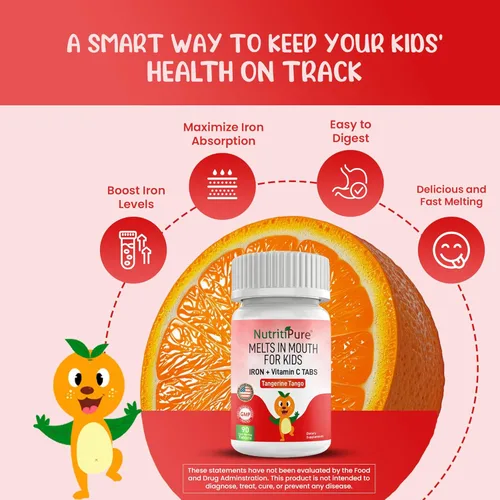 Miniatura 2 de Suplementos de hierro masticables para niños (hierro feronyl/carbonil 9 mg con vitamina C 30 mg) Tableta en sabor mandarina tango naranja suplemento