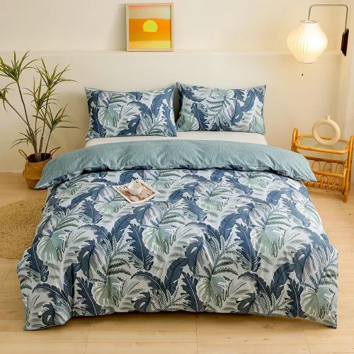 Miniatura 8 de Koudi Juego de funda de edredón floral botánica, tamaño individual, color azul marino, verde, ramas de plantas, reversible, juego de ropa de cama