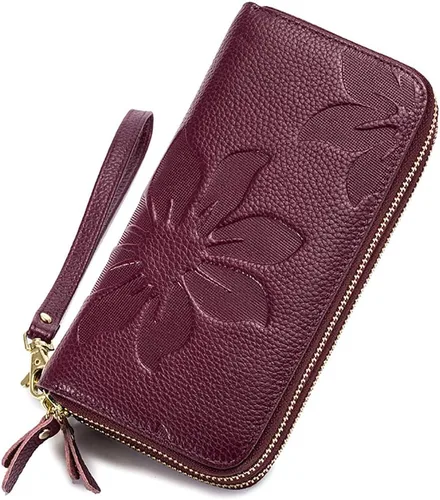Miniatura 5 de Cartera de cuero para mujer con bloqueo RFID, bolsillo para teléfono inteligente con doble cremallera,Ranuras para efectivo de gran capacidad