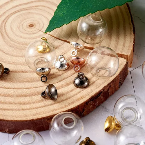 Miniatura 4 de Pandahall - 60 cuentas redondas hechas a mano de 0.551 in de vidrio transparente soplado con 5 colores de tapa de latón, botellas de bola de cristal