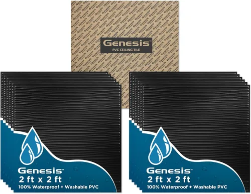Genesis Azulejos de techo negros de 2 x 2 pies - Fácil instalación - Impermeable, lavable y resistente al fuego - PVC de alta calidad para evitar