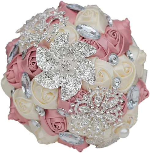 Ramo de broche para novia pequeña, ramo de boda, ramo de rosas de satén para niña, hecho a medida, ramo floral de boda, arreglo de centro de mesa,