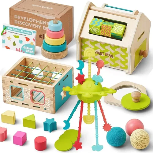 Giant bean Juguetes Montessori para bebé, 6 en 1, juguetes de aprendizaje de educación temprana de madera con dentición sensorial, caja de