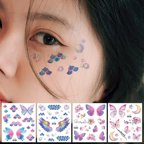 Miniatura 4 de 14 hojas de tatuajes temporales de mariposa con purpurina para decoración de maquillaje de ojos, rostros, calcomanías de tatuaje de arte corporal