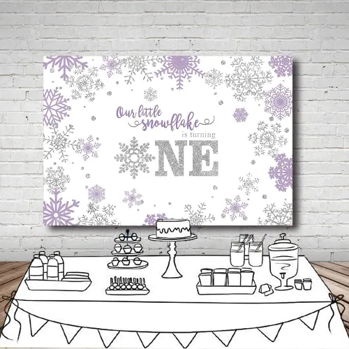 Miniatura 4 de MEHOFOND Telón de fondo de invierno de 7 x 5 pies, diseño de copos de nieve para niñas, feliz primer cumpleaños, fondo de fotografía, morado, Púrpura