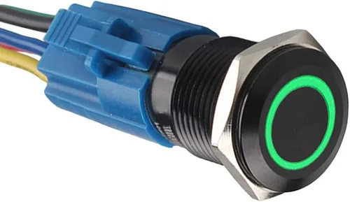Conexión a corriente con interruptor a botón con luz LED E Support™ de metal con forma ojo de ángel para autos de 16 mm 12V 3A, Verde