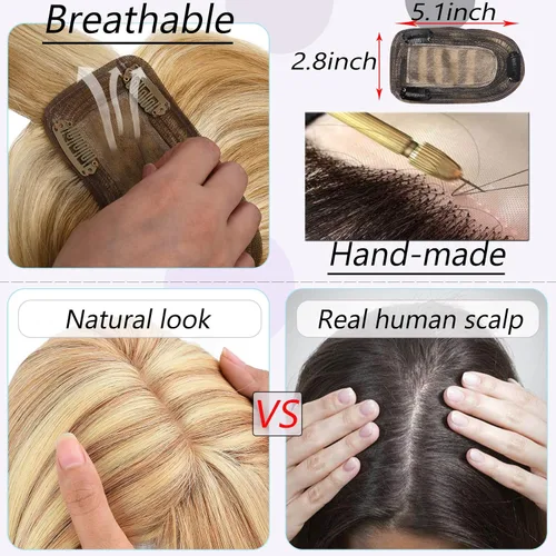 Miniatura 5 de Toppers para el cabello para mujeres con cabello delgado, base de seda real, clip en toppers con flequillo para pérdida de cabello, cabello gris, 10