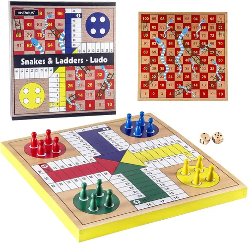 AMEROUS Juego de mesa de ludo de madera de 12 pulgadas - Serpientes y escaleras, reversible 2 en 1, juego de dados familiar de 1-4 jugadores, juego