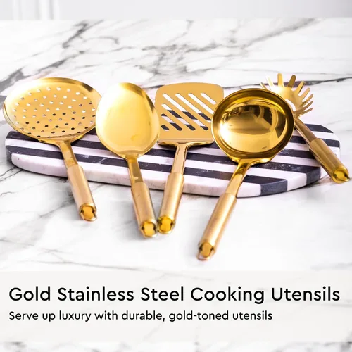 Miniatura 5 de Juego de utensilios de cocina negros y dorados, juego de 19 piezas, incluye utensilios de cocina de acero inoxidable y silicona, tazas medidoras