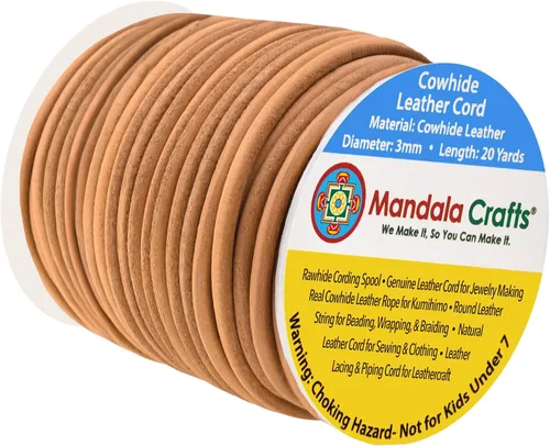 Miniatura 12 de Mandala Crafts Cordón Redondo de Cuero de Piel de Vaca Genuino Beige para Fabricación de Joyas Kumihimo Carrete de Cuerda de Cuero - Cordón