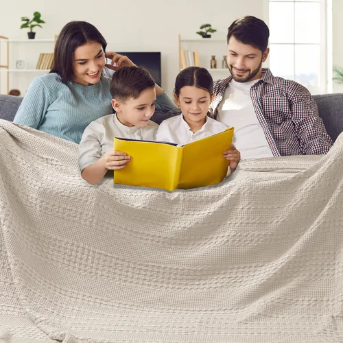 Miniatura 56 de PHF - Manta tejida de punto gofre 100% algodón, suave, ligera, transpirable, acogedora, de verano, para sofá y cama, tejida, estética, decoración