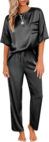 Ekouaer - Conjunto de pijama de satén sedoso para mujer, camiseta de manga corta con pantalón largo, conjunto de pijama suave para el descanso