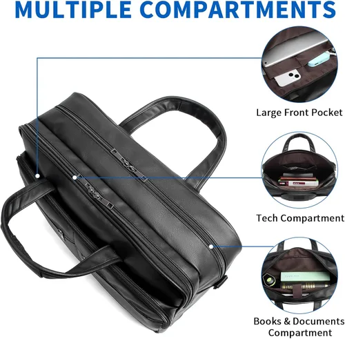Miniatura 5 de seyfocnia Bolsa de mensajero de cuero para hombre, 15.6 pulgadas 17.3 pulgadas maletín para computadora portátil, bolso de hombro para computadora