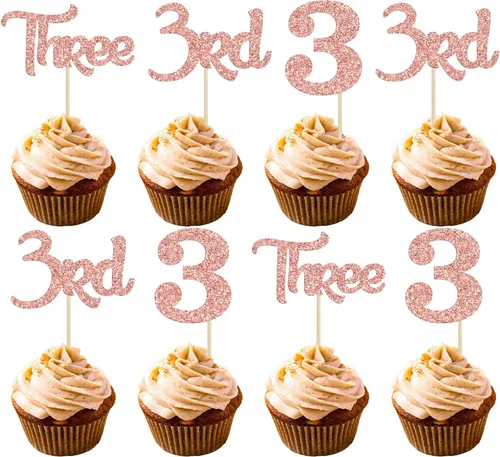 24 unidades de adornos para cupcakes con purpurina, 3 adornos para cupcakes, púas para cupcakes de 3er cumpleaños, adornos para pastel de baby Oro