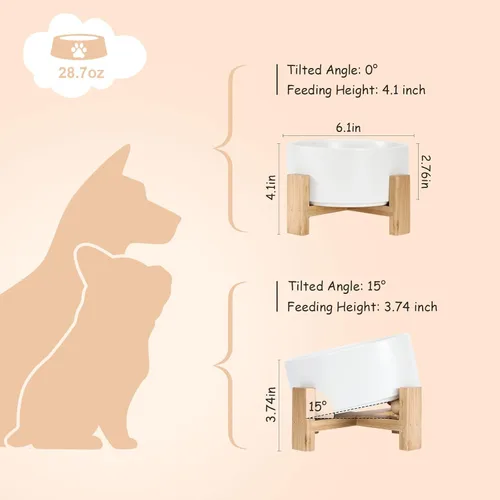 Miniatura 4 de SPUNKYJUNKY Cuenco de cerámica inclinado de 15° para perros y gatos con soporte de madera, cuenco inclinado para comida y agua para bulldog, Blanco