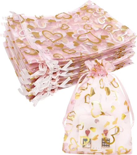 Miniatura 10 de Jexila - 24 bolsas de regalo de organza de Navidad de 4 x 6 pulgadas con cordón, 11 patrones mixtos, pequeñas bolsas de caramelos para fiestas