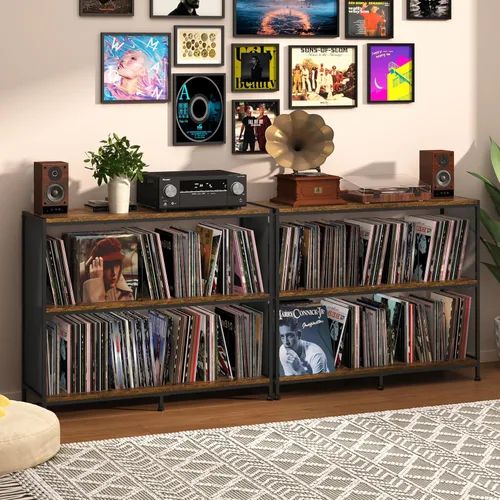 Almacenamiento de discos de vinilo de 3 niveles: Mesa de reproductor vintage con almacenamiento espacioso - Hasta 450 discos, soporte para