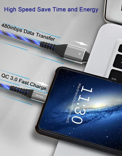 Miniatura 5 de Cable LED USB C a C de 6 pies 60 W 3A de carga rápida para iPhone15/15Pro/15Plus/15ProMax/iPad Pro2022/Air, Samsung S23 (azul)
