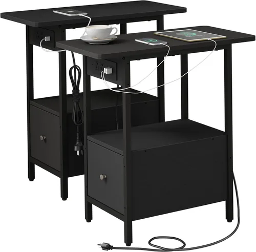 Miniatura 18 de LIDYUK Mesa auxiliar con estación de carga, mesa auxiliar estrecha con cajón, puertos USB y tomas de corriente, mesita de noche para espacios Negro