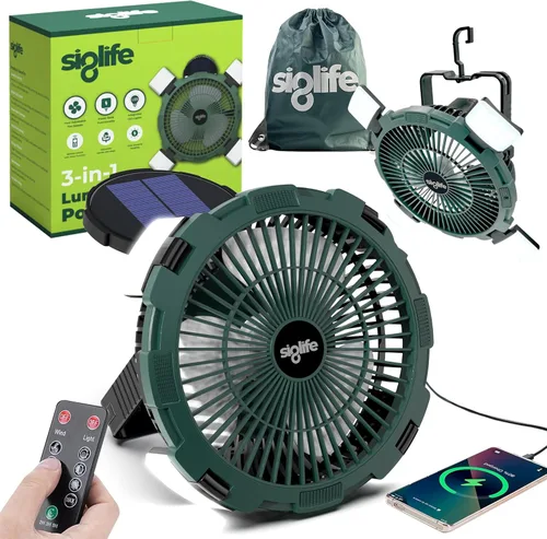 Ventilador solar de camping – Ventilador de camping alimentado por energía solar con luz, control remoto y banco de energía – Ventiladores solares