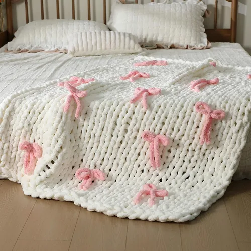 Miniatura 6 de Mindsoft Manta de punto grueso con lazo rosa de 50 x 60 pulgadas, 100% hecha a mano con hilo de chenilla color crema, esponjosa, suave, manta