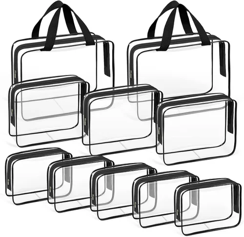TISRATOK Neceser de maquillaje transparente de viaje de 10 piezas, plástico PVC cosmético aprobado por la TSA Kit organizador con bolso con Negro