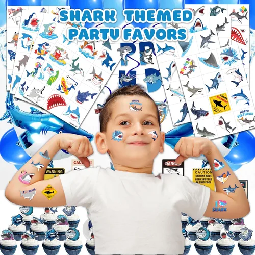 Miniatura 2 de 96 tatuajes temporales precortados de tiburón para niños Recuerdos de fiesta de cumpleaños con temática de tiburón súper lindo, suministros
