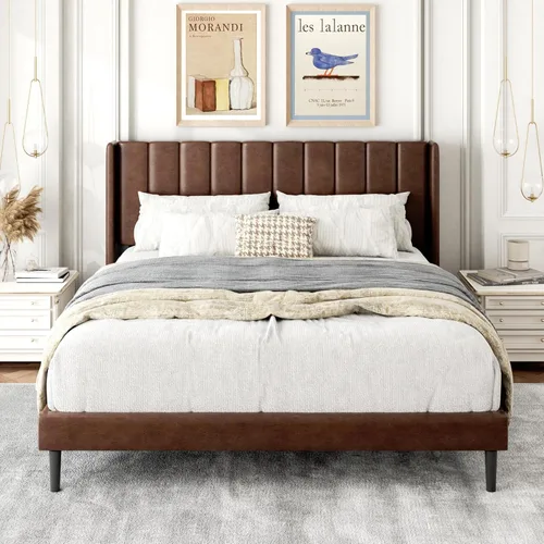 Miniatura 12 de Gruwans Estructuras de Cama Individual con Cabecera Wingback, Camas de Plataforma Tapizadas, No Necesita Somier, Soporte Resistente de Listones